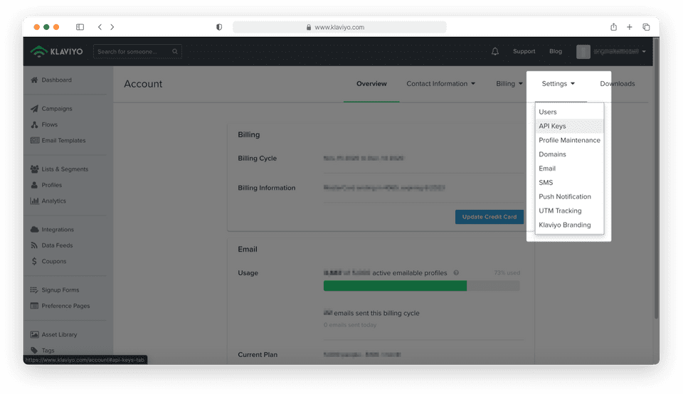 Select "API Keys" from "Settings" dropdown